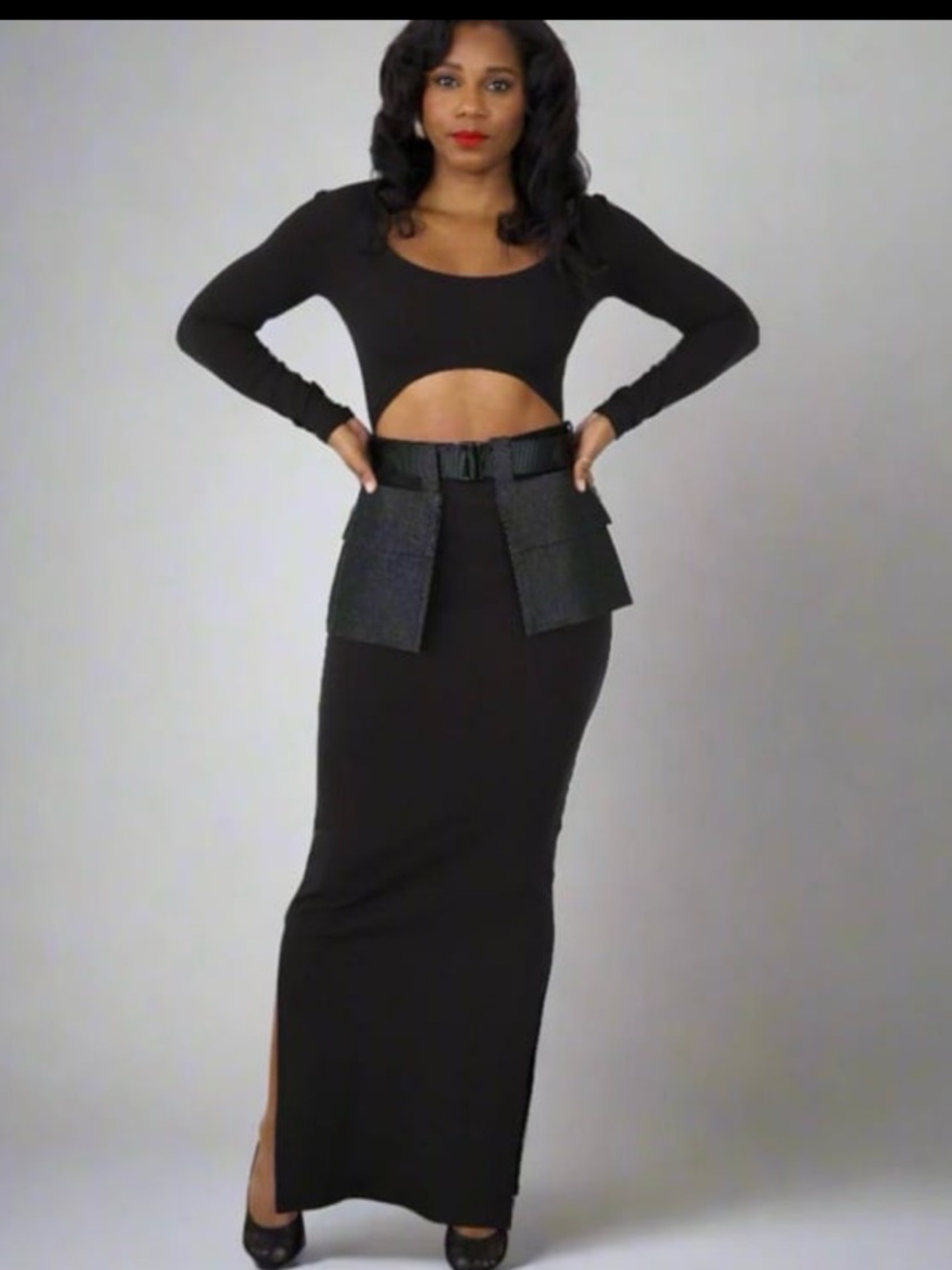 Sophisticated Black Long-Sleeve Maxi Dress with Cutout Waist